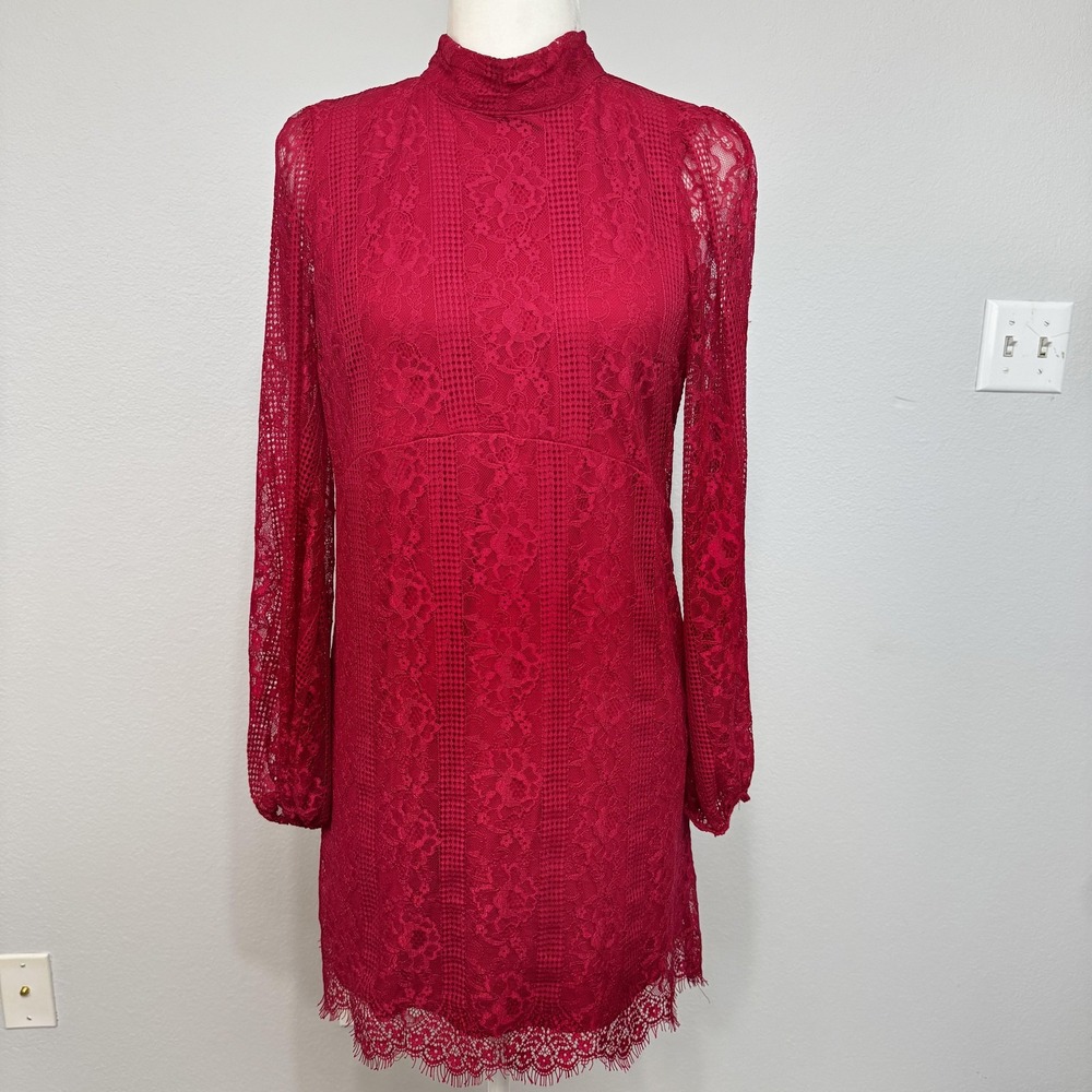 Maeve Anthropologie Dress Women's 6 Bright Pink Lace Long Sleeve Mini Open Back